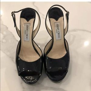 Jimmy Choo Black Patent Peep Toe Heels 38.5